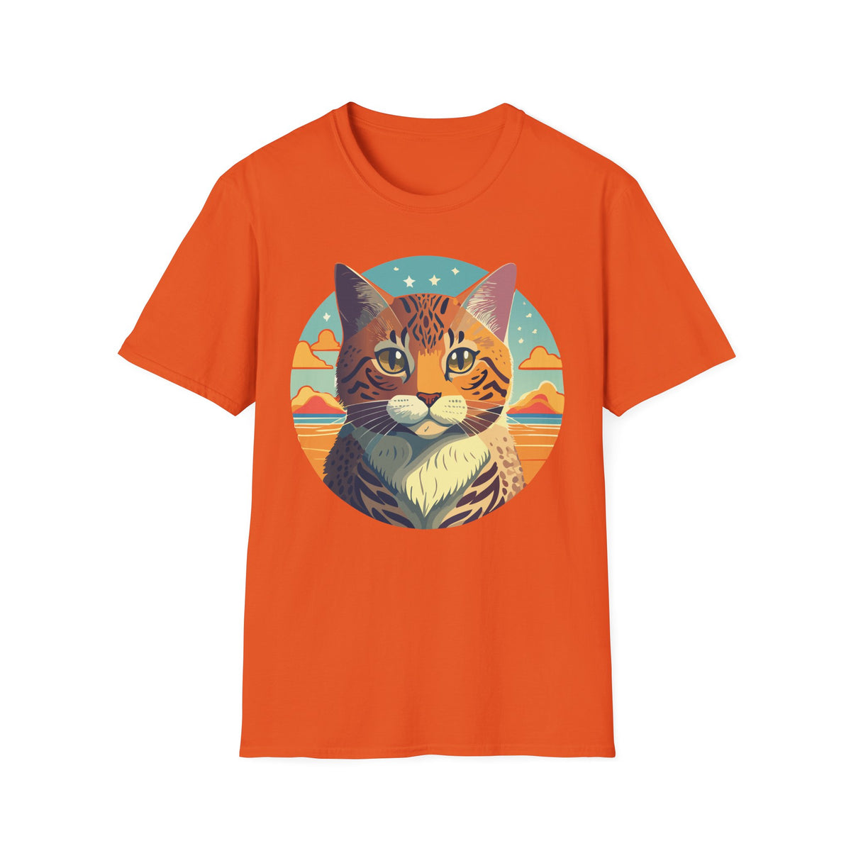 Retro Tabby Cat Illustration T-Shirt | Vintage Sunset Cat Tee