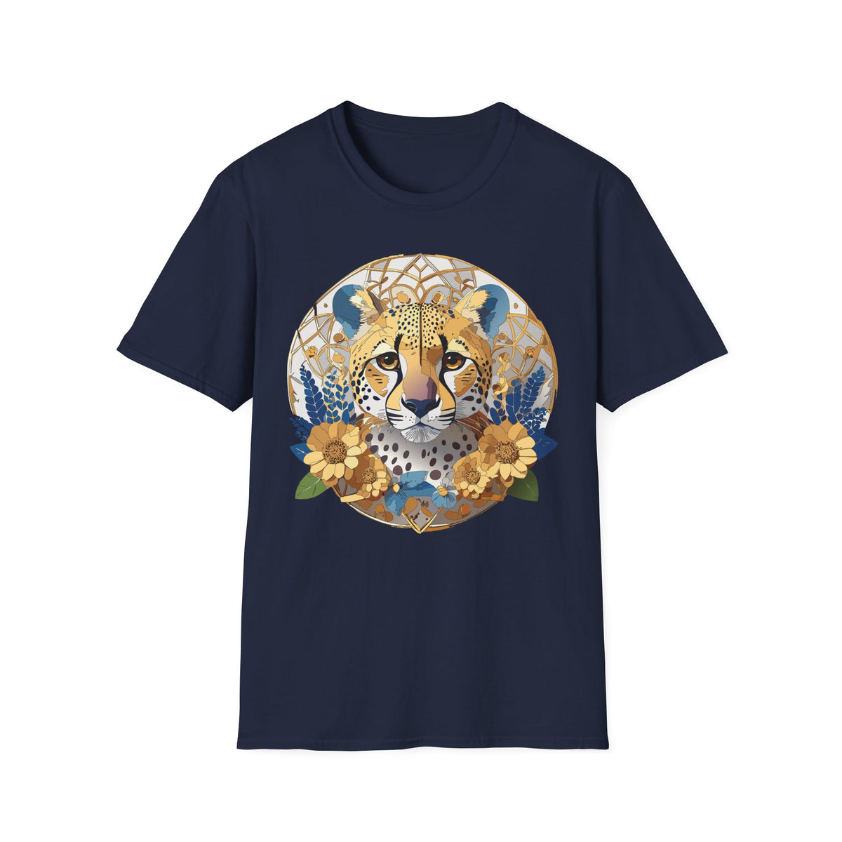 Golden Cheetah Mandala T-Shirt | Floral Boho Animal Illustration