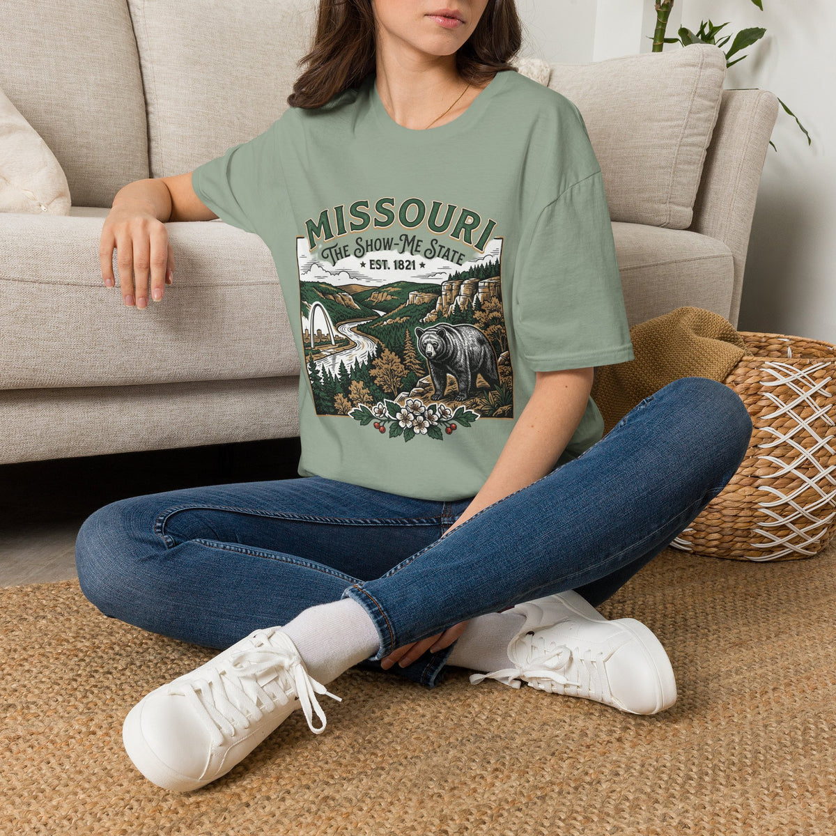 Missouri Vintage State Pride T-Shirt — State Scenic Bear Design Travel Tourist Graphic Design Unisex 100 Cotton Gildan T-Shirt