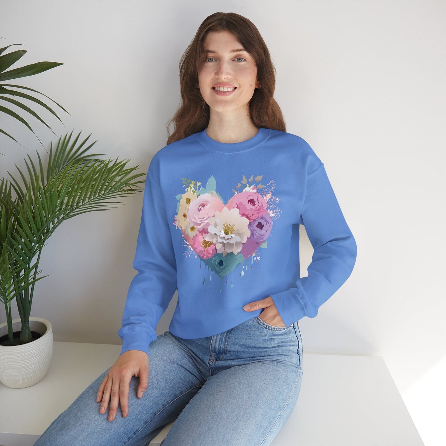 Floral Heart Unisex Crewneck Sweatshirt With Floral Love Valentines Day Design Premium Heavy Blend
