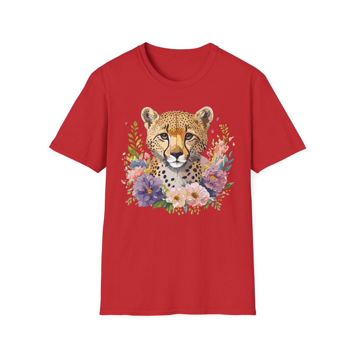 Floral Cheetah Face T-Shirt | Leopard Portrait Tee, Botanical Illustration