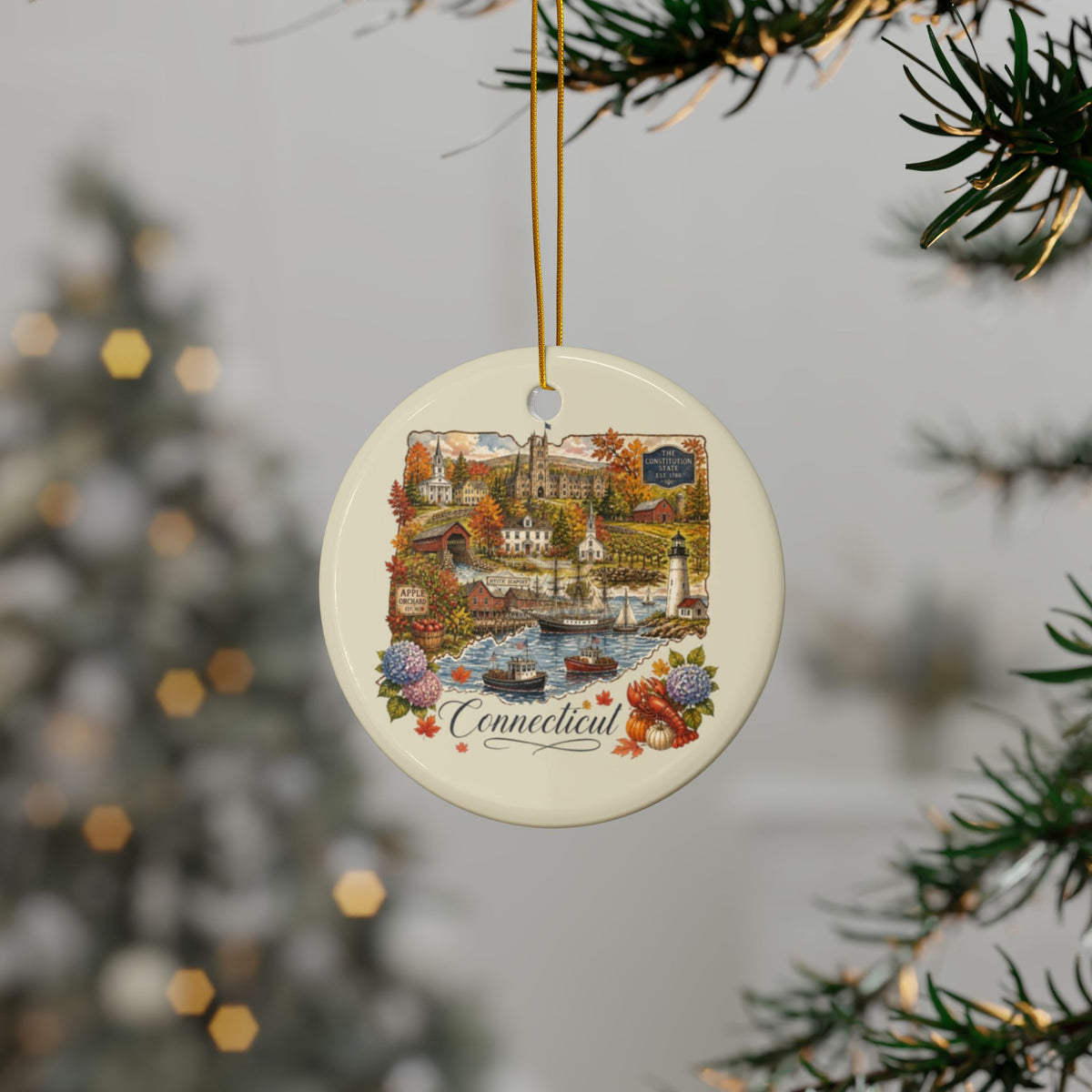 Connecticut Vintage Collage Ornament Ceramic Ornament | State Souvenir, Two-Sided - 2.99" Includes Gold String