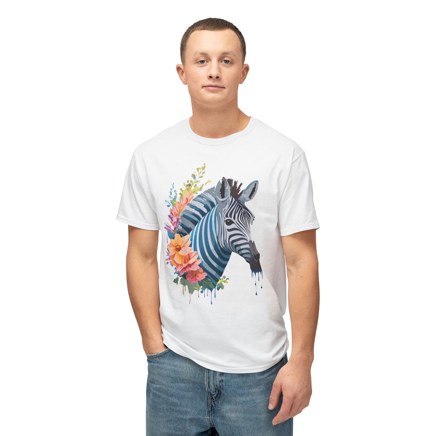 Unisex Zebra Art Print T Shirt 100 Percent Cotton Vintage Floral Design Tee Made In USA