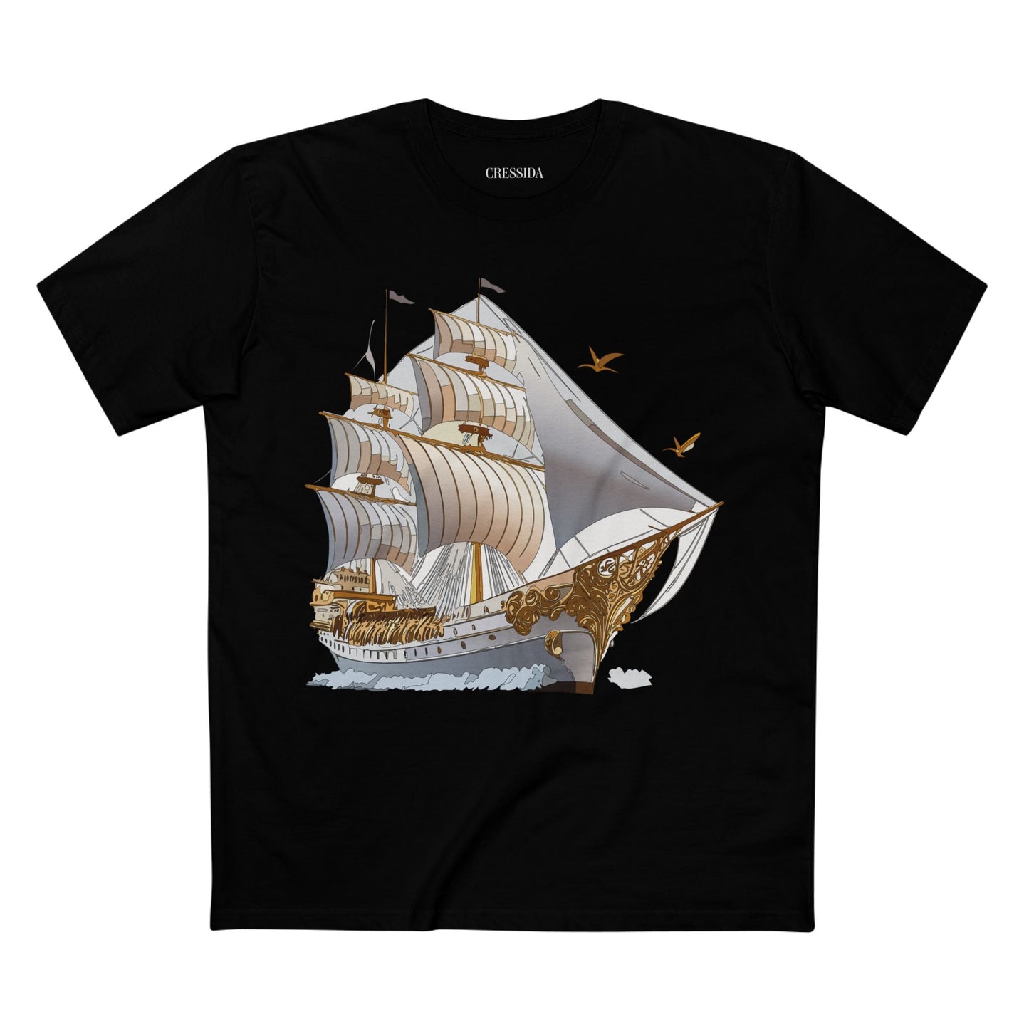 Ship Graphic Unisex 100 Cotton T-Shirt with Gold Frigate Art Design 16