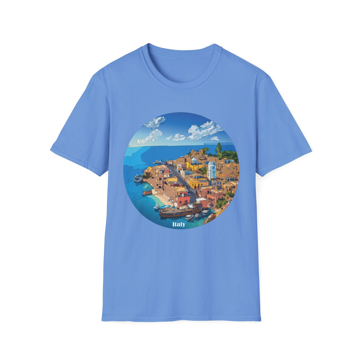 Italy Mediterranean Coastal Village Illustration T-Shirt | Seaside Landscape Tee