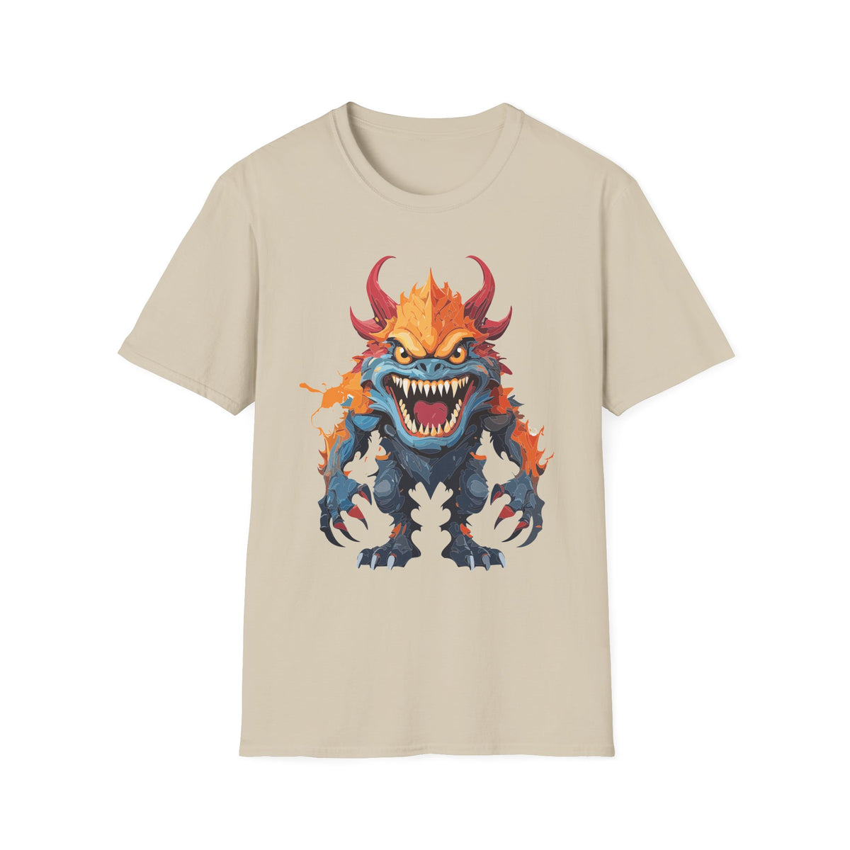 Monster T-Shirt — Fiery Demon Creature Cartoon Graphic Tee Unisex 100 Cotton Gildan T-Shirt
