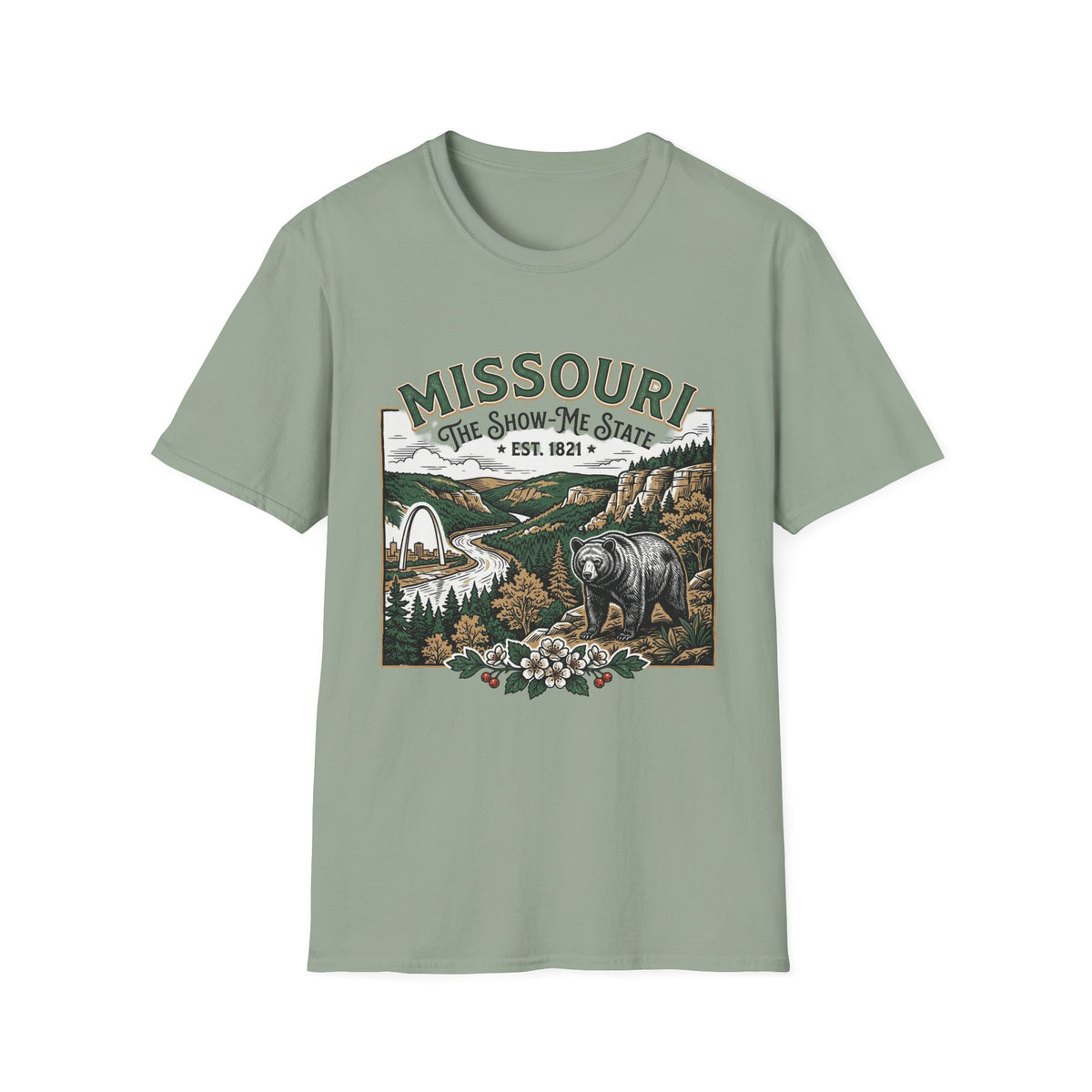 Missouri Vintage State Pride T-Shirt — State Scenic Bear Design Travel Tourist Graphic Design Unisex 100 Cotton Gildan T-Shirt