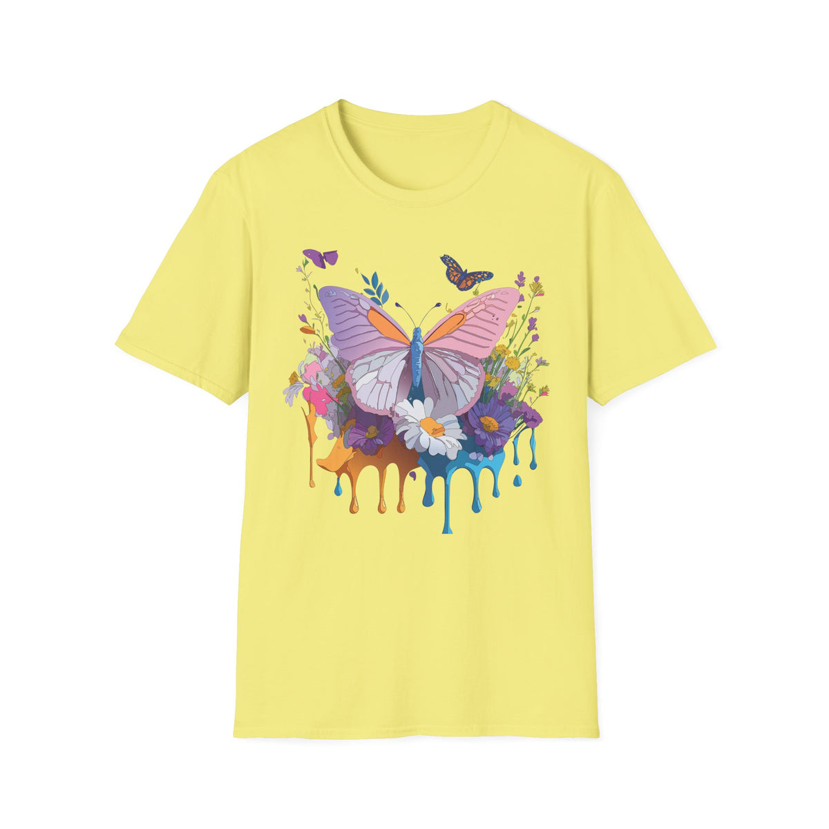 Butterfly Watercolor Drip T-Shirt — Pastel Floral Butterfly Graphic Design Unisex 100 Cotton Gildan T-Shirt