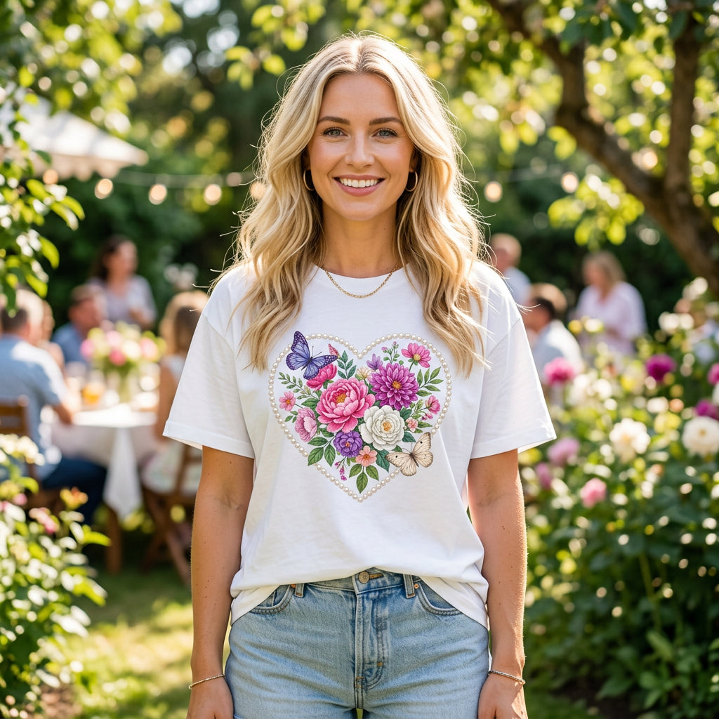 Floral Heart with Butterflies T-Shirt | Romantic Spring Garden Graphic Tee Unisex 100 Cotton Gildan T-Shirt