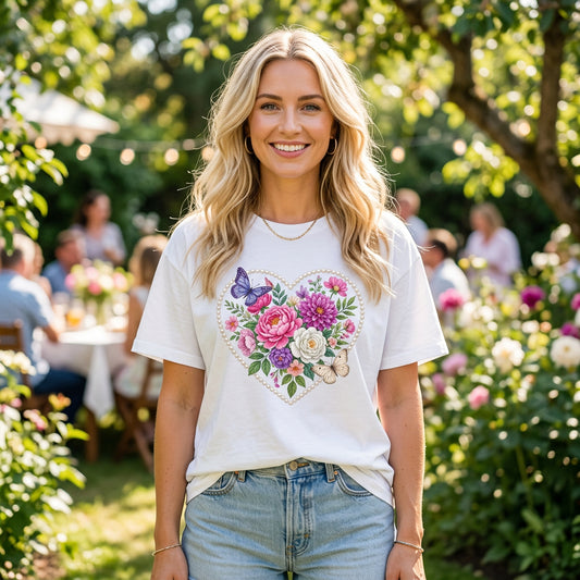 Floral Heart with Butterflies T-Shirt | Romantic Spring Garden Graphic Tee Unisex 100 Cotton Gildan T-Shirt