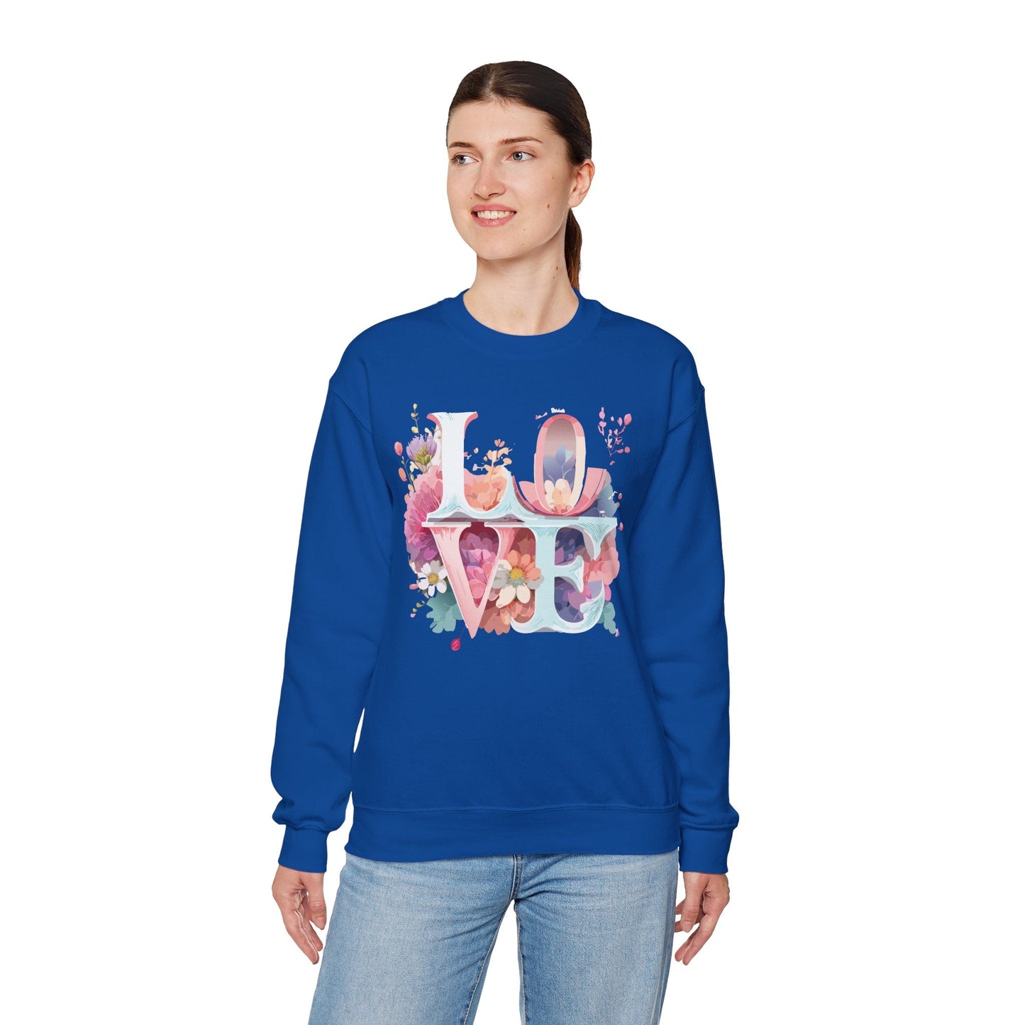 Floral Love Sweatshirt Valentines Day Flower Print Unisex Crewneck Heavy Blend Cotton Polyester