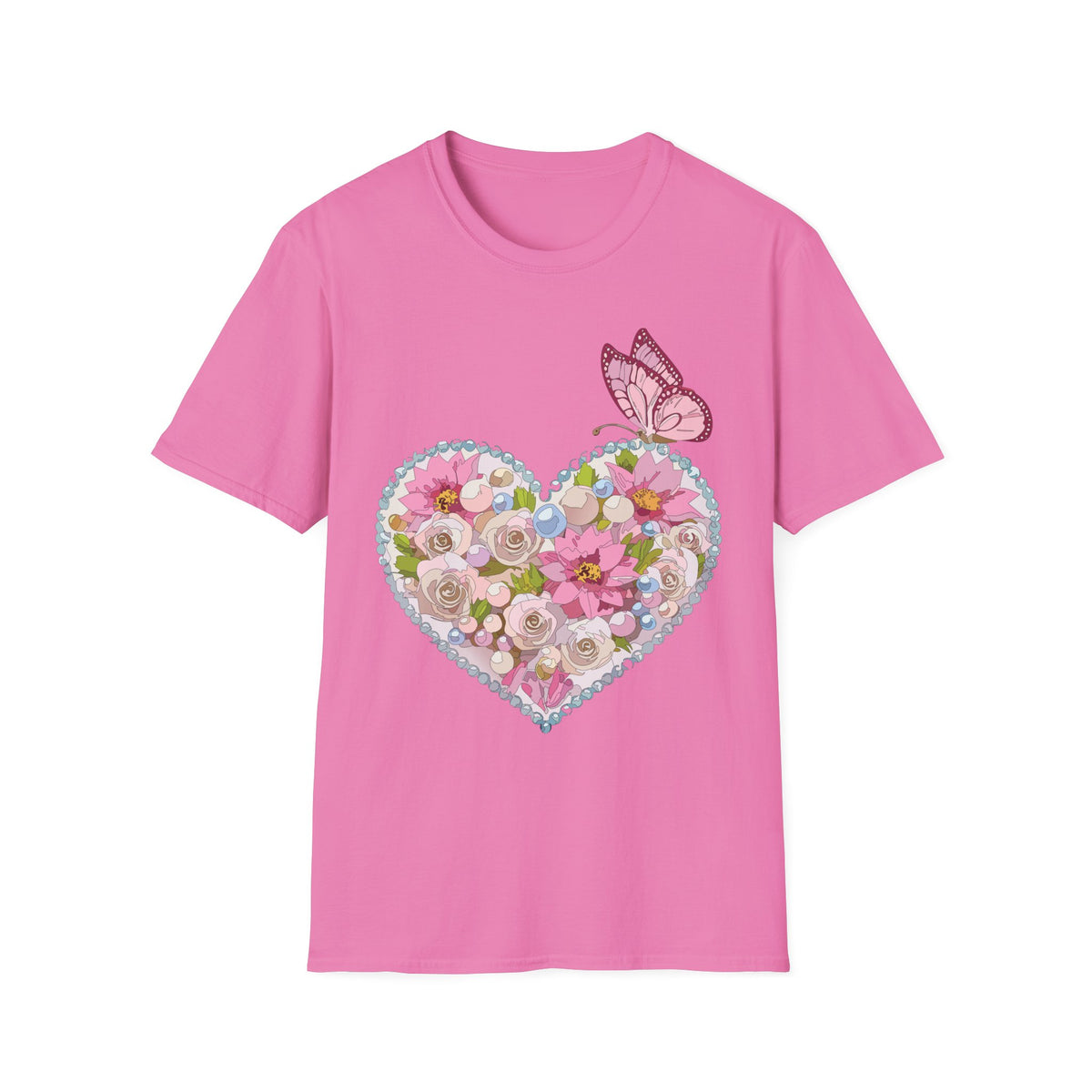 Floral Heart with Butterfly T-Shirt | Pink Flower Heart Graphic Tee Unisex 100 Cotton Gildan T-Shirt