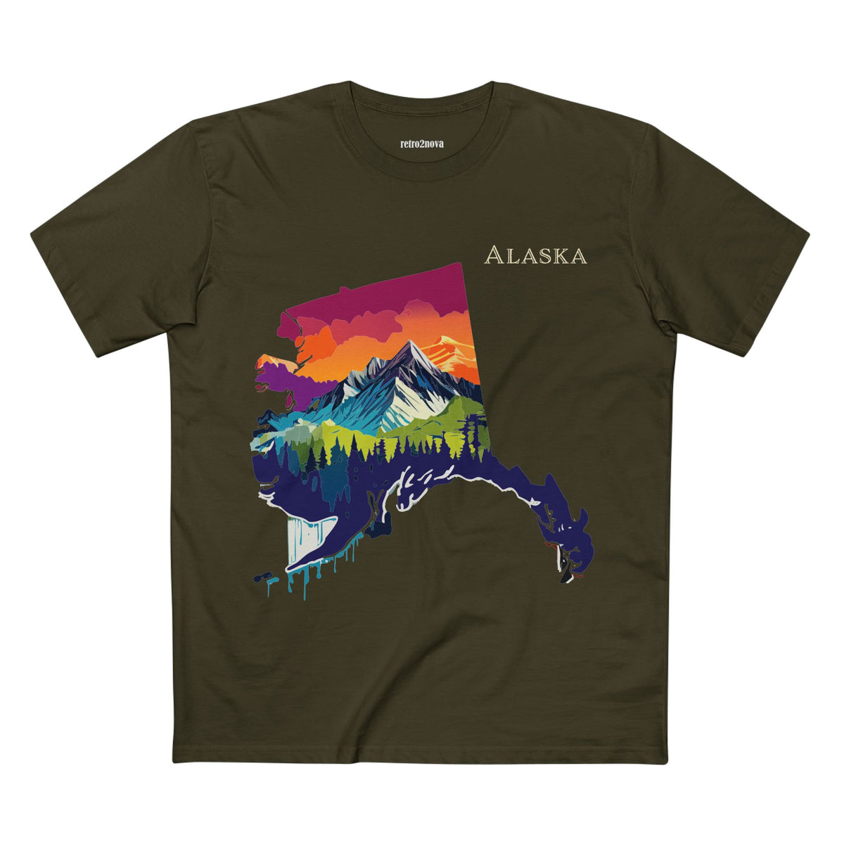 Alaska Mountain Landscape T-Shirt | State Silhouette Sunset Forest