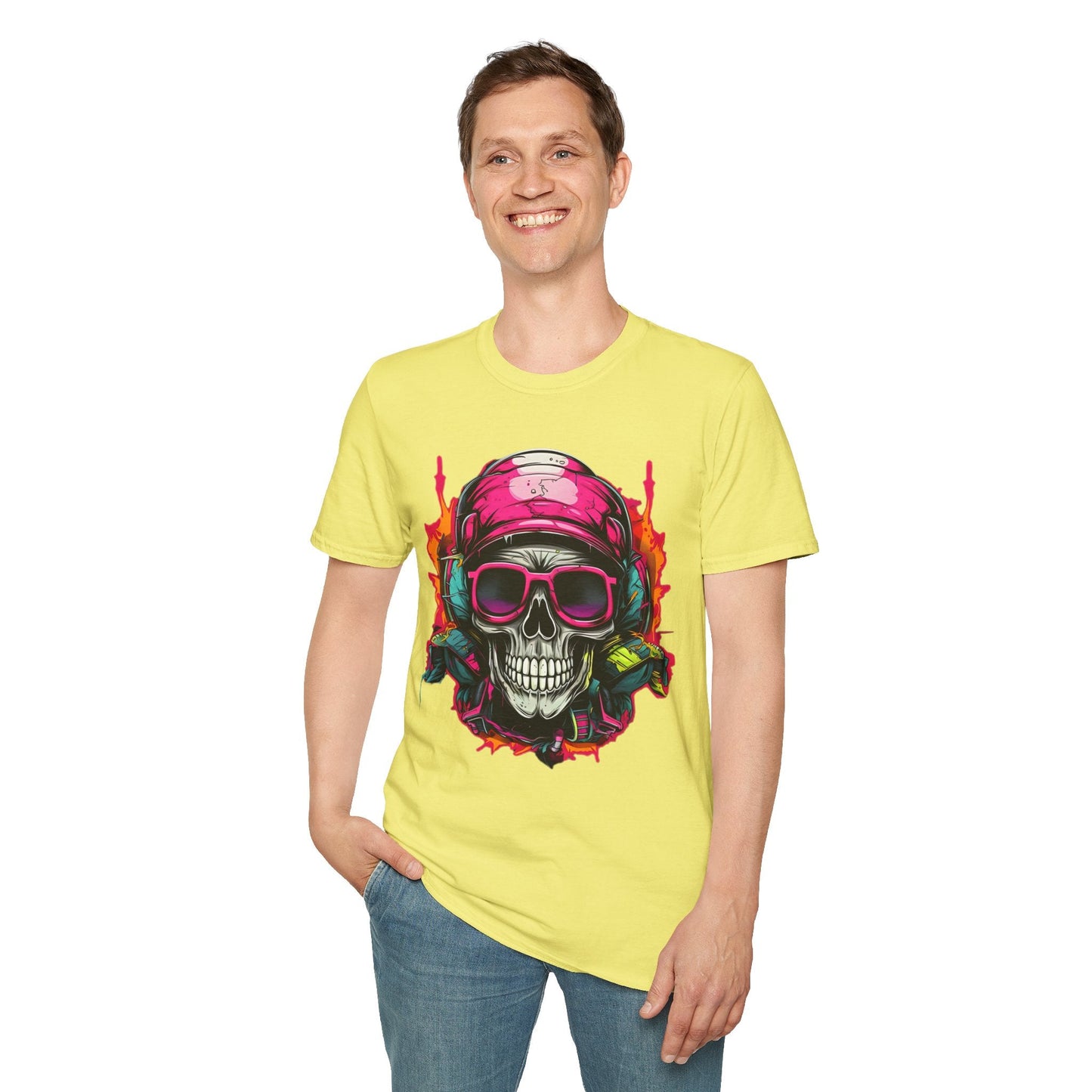 Unisex Skull Tee Shirt With Skeleton Design Gildan Softstyle 64000 Ring Spun Cotton