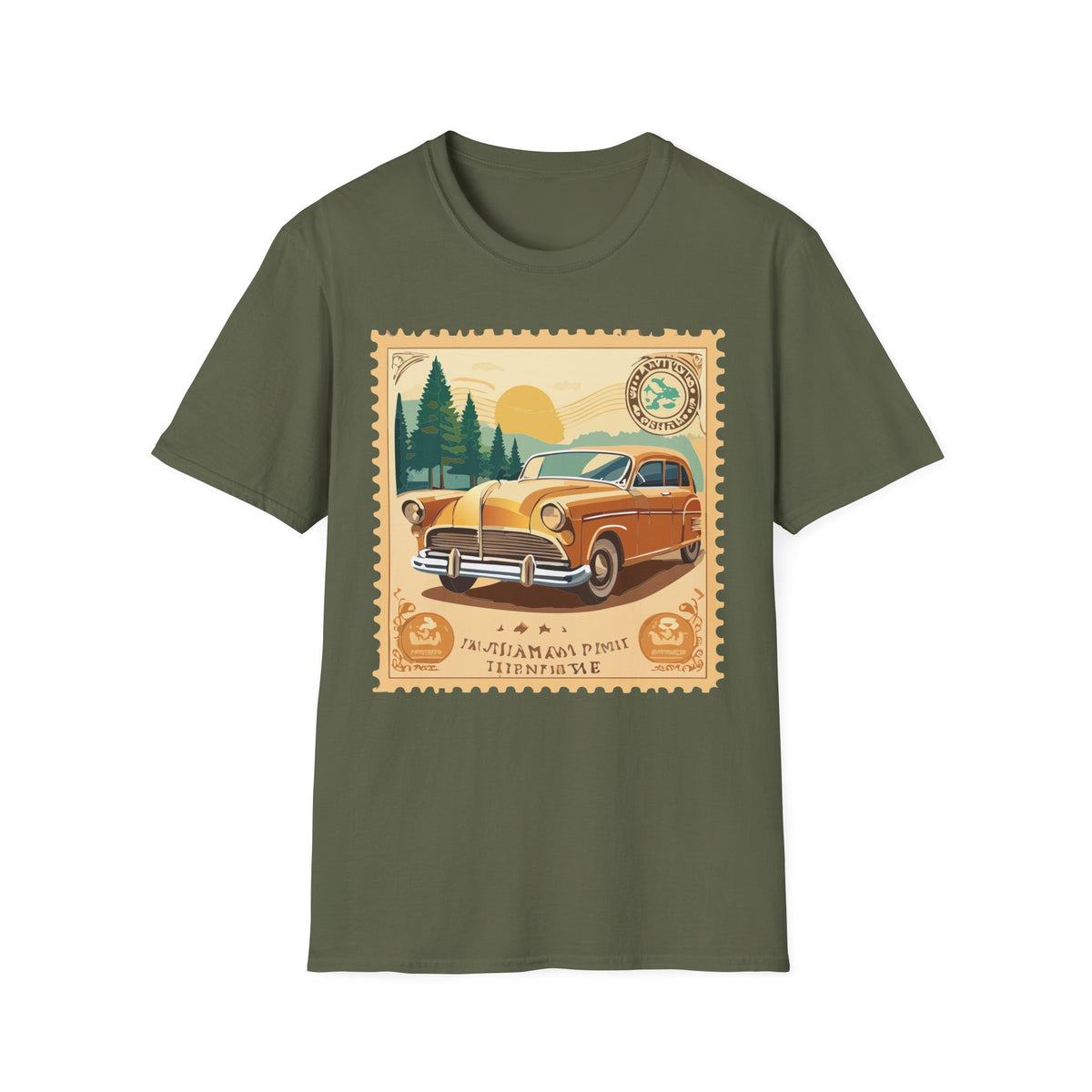 Vintage Classic Car Stamp T-Shirt | Retro Roadtrip Scenic Graphic Tee Unisex 100 Cotton Gildan T-Shirt