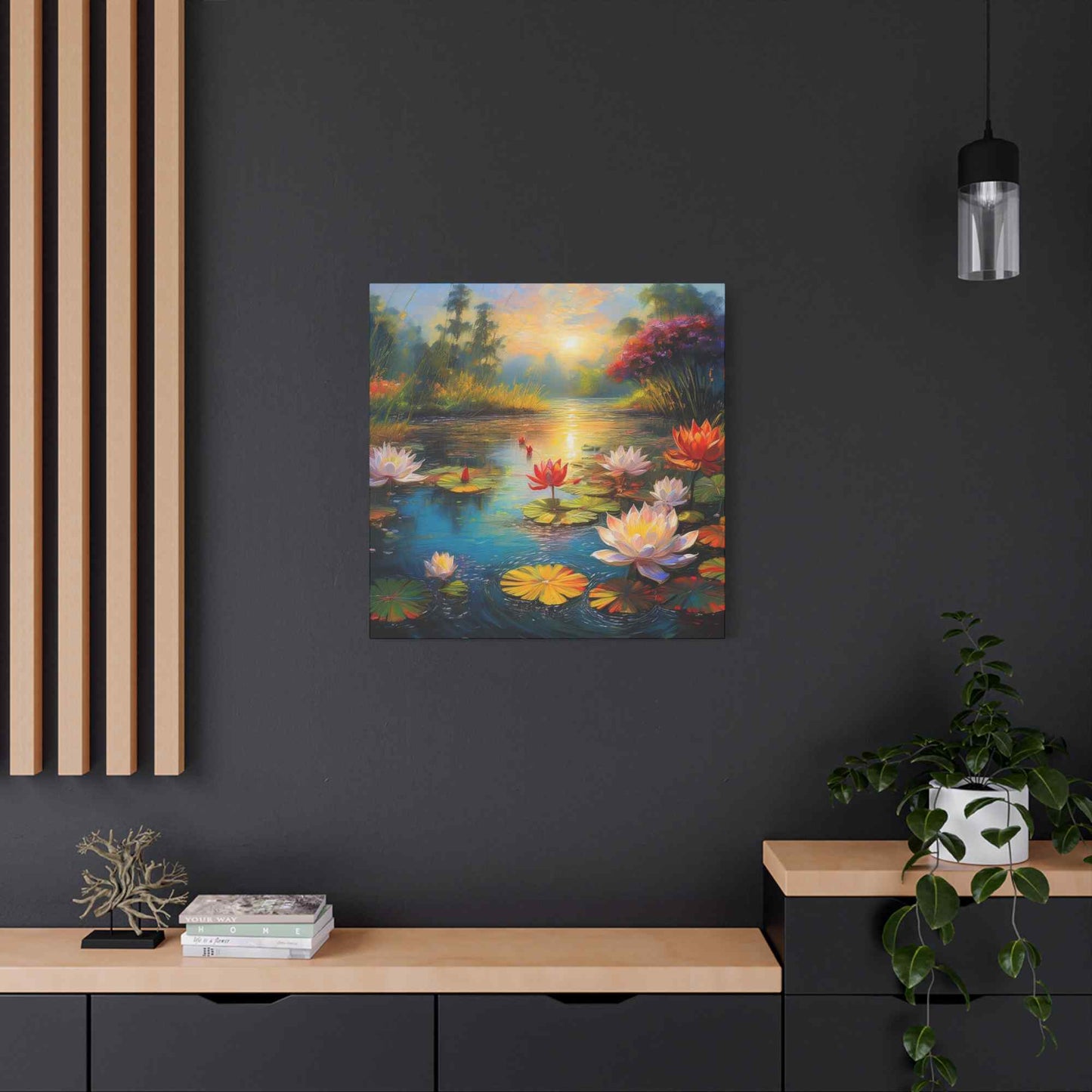 Water Lilies Print Canvas, Oil Paint Print 20x20, 24x24, 30x30, 32x32, 36x36 Floral Art Print Pine-Wood Inner Frame MC-67