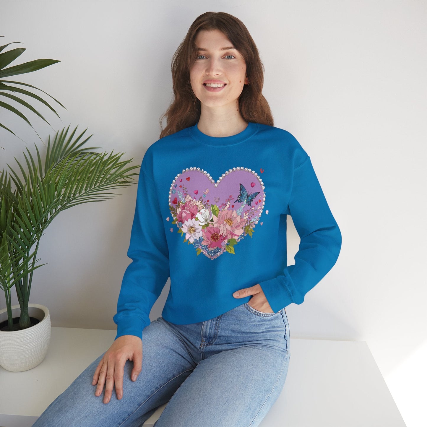 Floral Heart Sweatshirt Unisex Crewneck Valentines Day Heavy Blend Gildan 18000 Cozy Warm