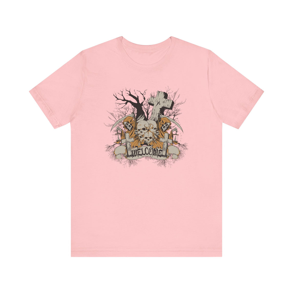 Skull Graveyard Welcome Tee Halloween Haunted Tree Cross Tombstone Unisex Cotton Art-50
