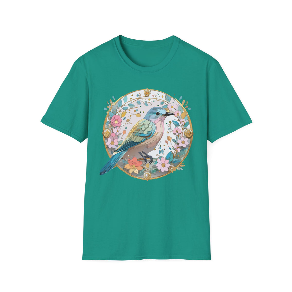 Floral Bird Illustration T-Shirt | Pastel Nature Circle Design
