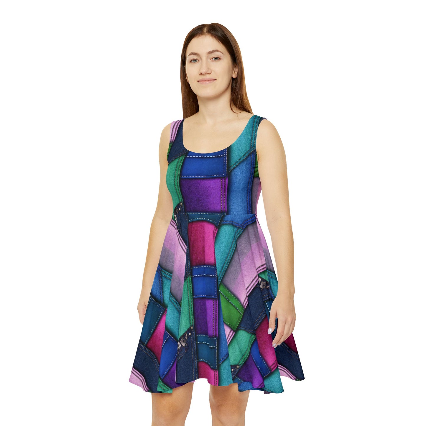 Women Denim Print Skater Dress, Denim Print Poly-Span Dress - 7