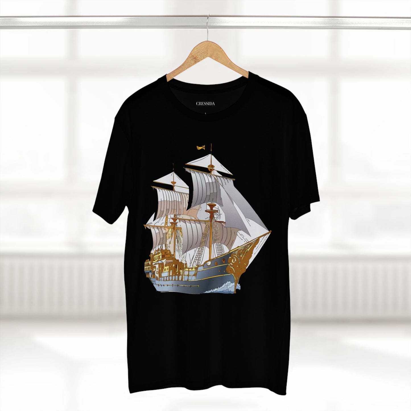 Ship Graphic Unisex 100 Cotton T-Shirt with Gold Frigate Art Design 13