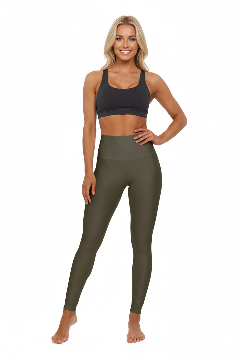 Dark Olive High-Waist Yoga Leggings Dark Khaki Women's Poly-Span Stretchy Athletic Workout Pants