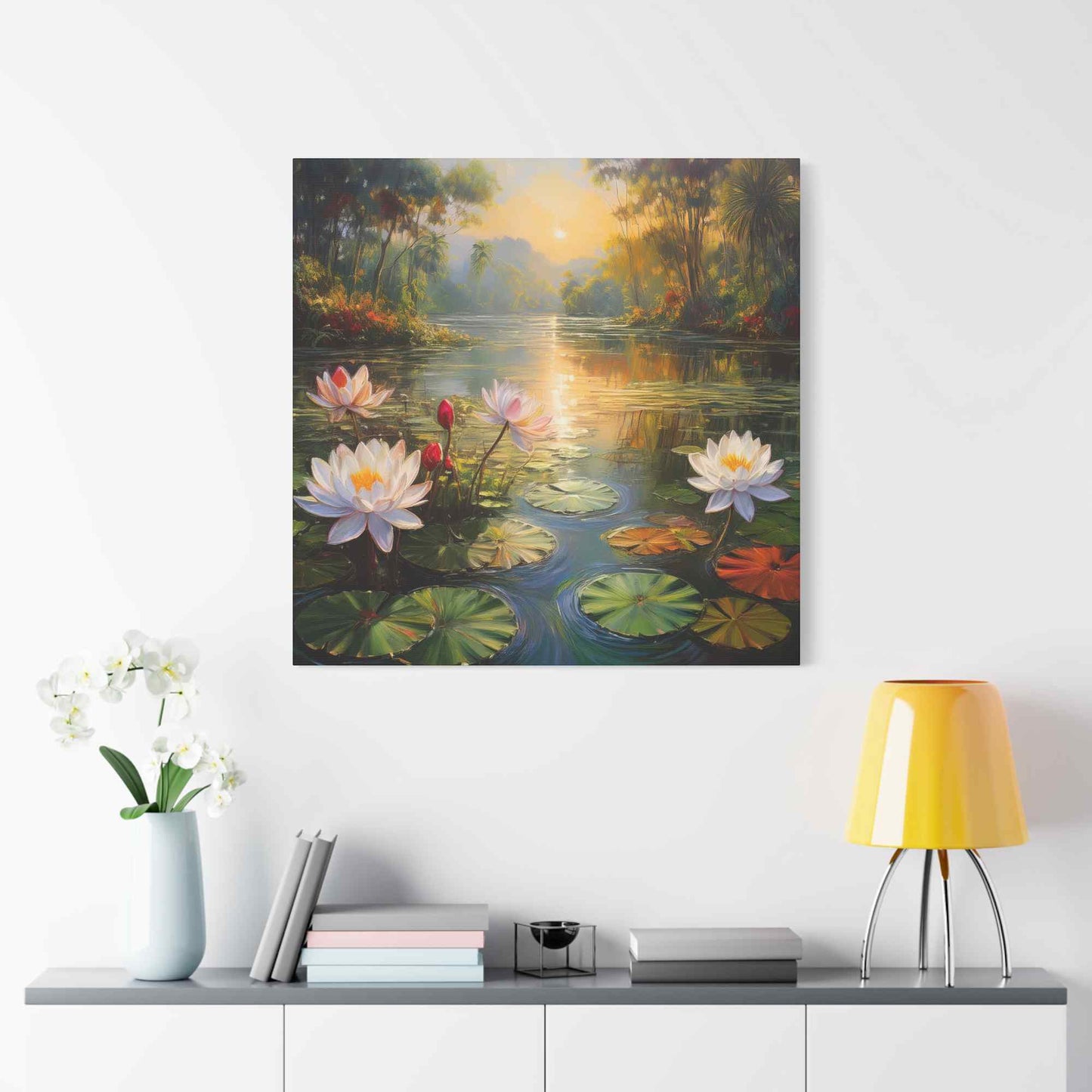 Water Lilies Print Canvas, Oil Paint Print 20x20, 24x24, 30x30, 32x32, 36x36 Floral Art Print Pine-Wood Inner Frame MC-65