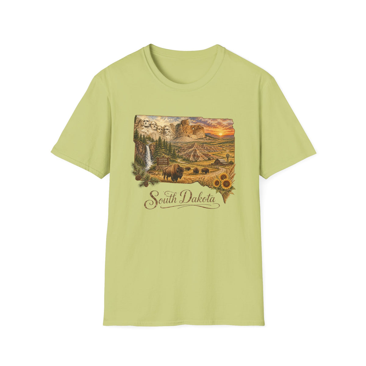 South Dakota Scenic T-Shirt — State Landscape Sunset Travel Tourist Graphic Design Unisex 100 Cotton Gildan T-Shirt
