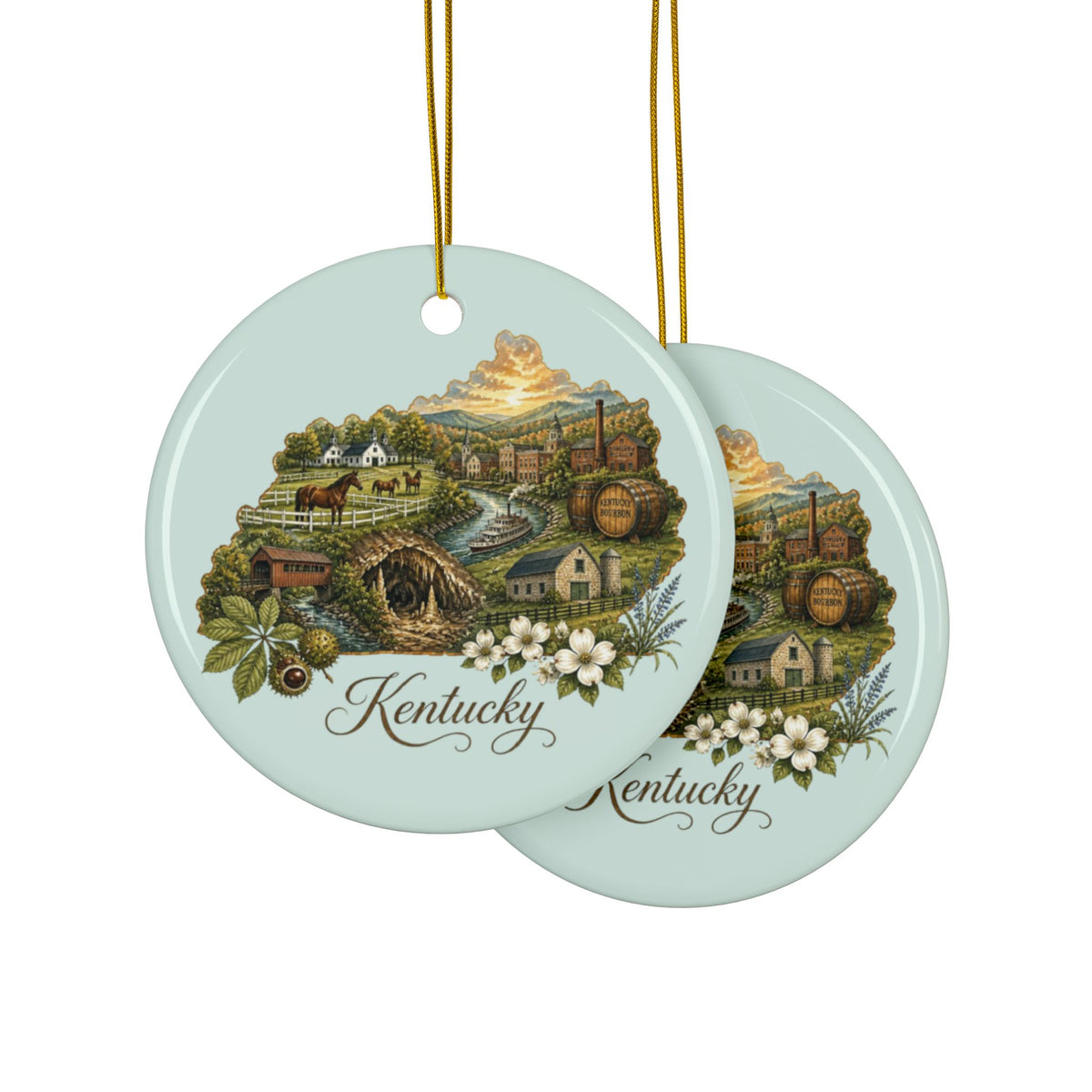 Kentucky State Scenic Map Ceramic Ornament | Round Double-Sided Ornament - 2.99" Includes Gold String