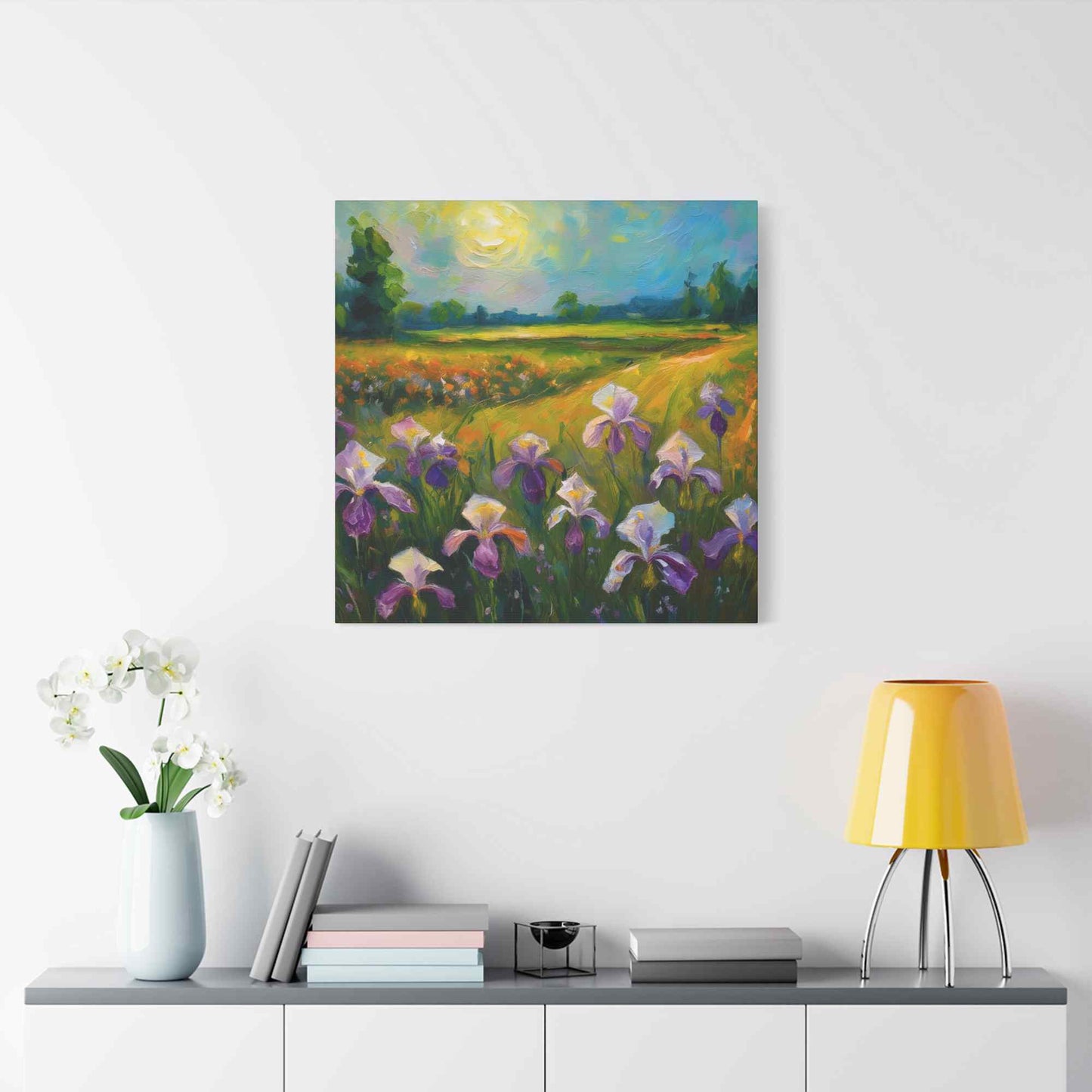 Irises Floral Print Canvas, Floral Oil Paint Print 20x20, 24x24, 30x30, 32x32, 36x36 Art Design Pine-Wood Inner Frame MC-180