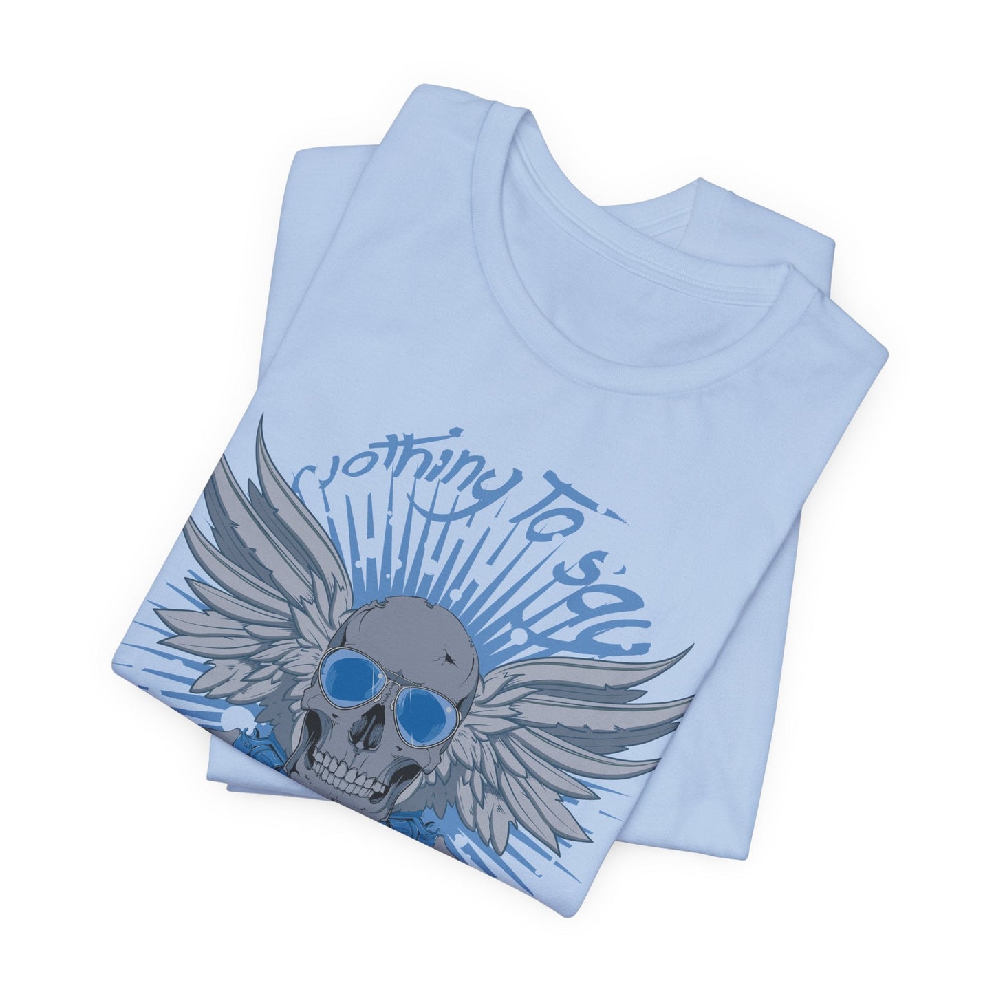 Winged Skull Graphic Tee | Blue Skull with Wings, Radiant Burst