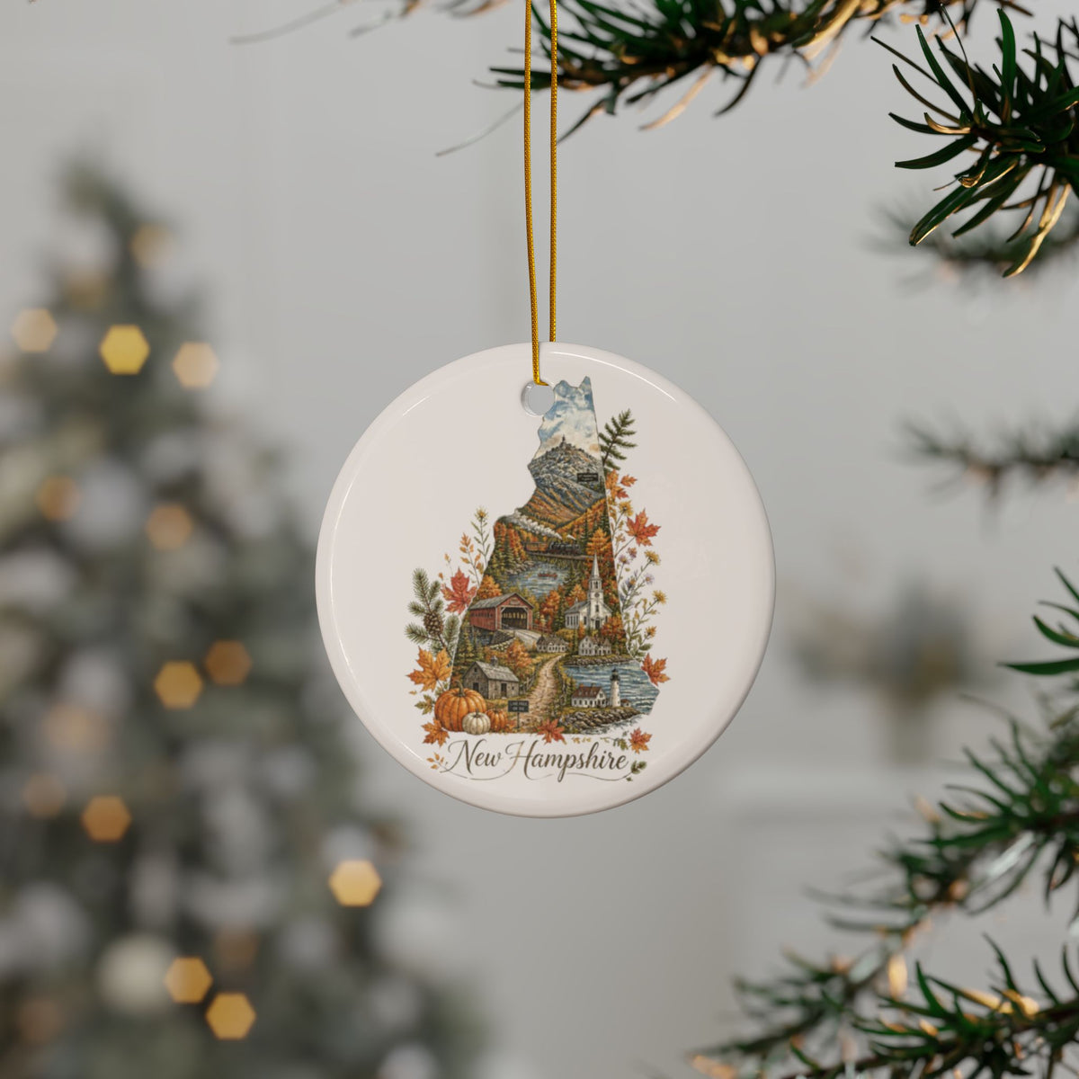New Hampshire State Illustration Ornament | Ceramic Round Holiday Decor - 2.99" Includes Gold String
