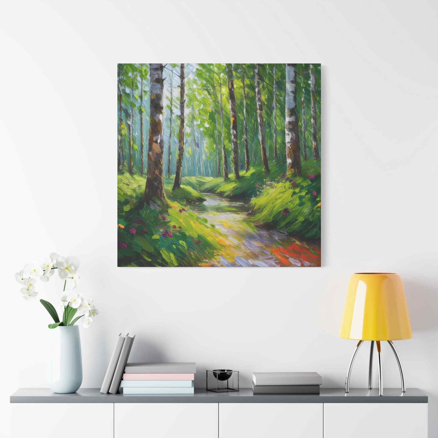 Summer Forest Print Canvas, Oil Paint Print 20x20, 24x24, 30x30, 32x32, 36x36 Art Design Print Pine-Wood Inner Frame MC-85