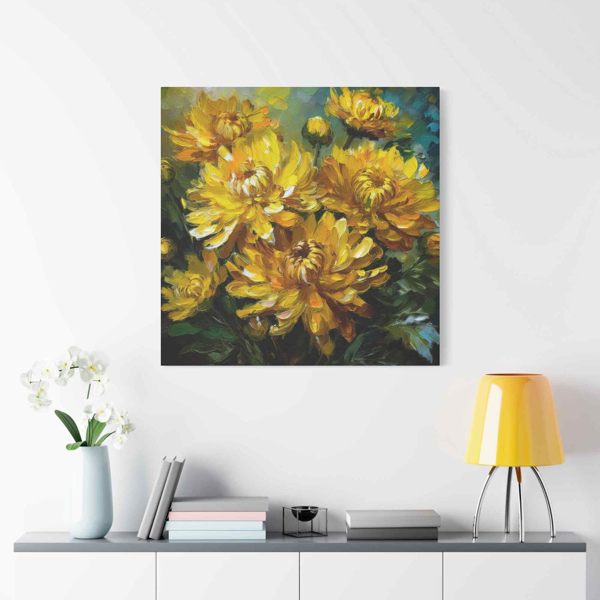Chrysanthemums Print Canvas, Floral Oil Paint Print 20x20, 24x24, 30x30, 32x32, 36x36 Art Design Pine-Wood Inner Frame MC-162