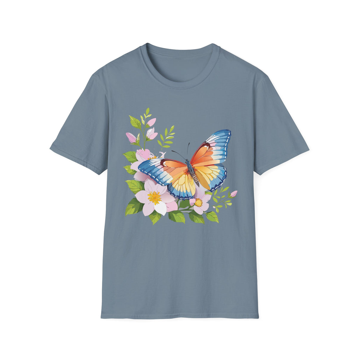 Butterfly Floral T-Shirt — Watercolor Orange & Blue Butterfly on Blossoms Graphic Design Unisex 100 Cotton Gildan T-Shirt