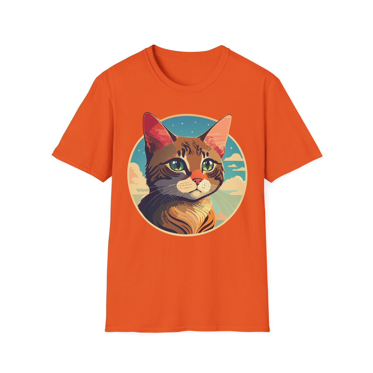 Retro Sunset Tabby Cat T-Shirt | Vintage Cat Portrait, Nautical Sky