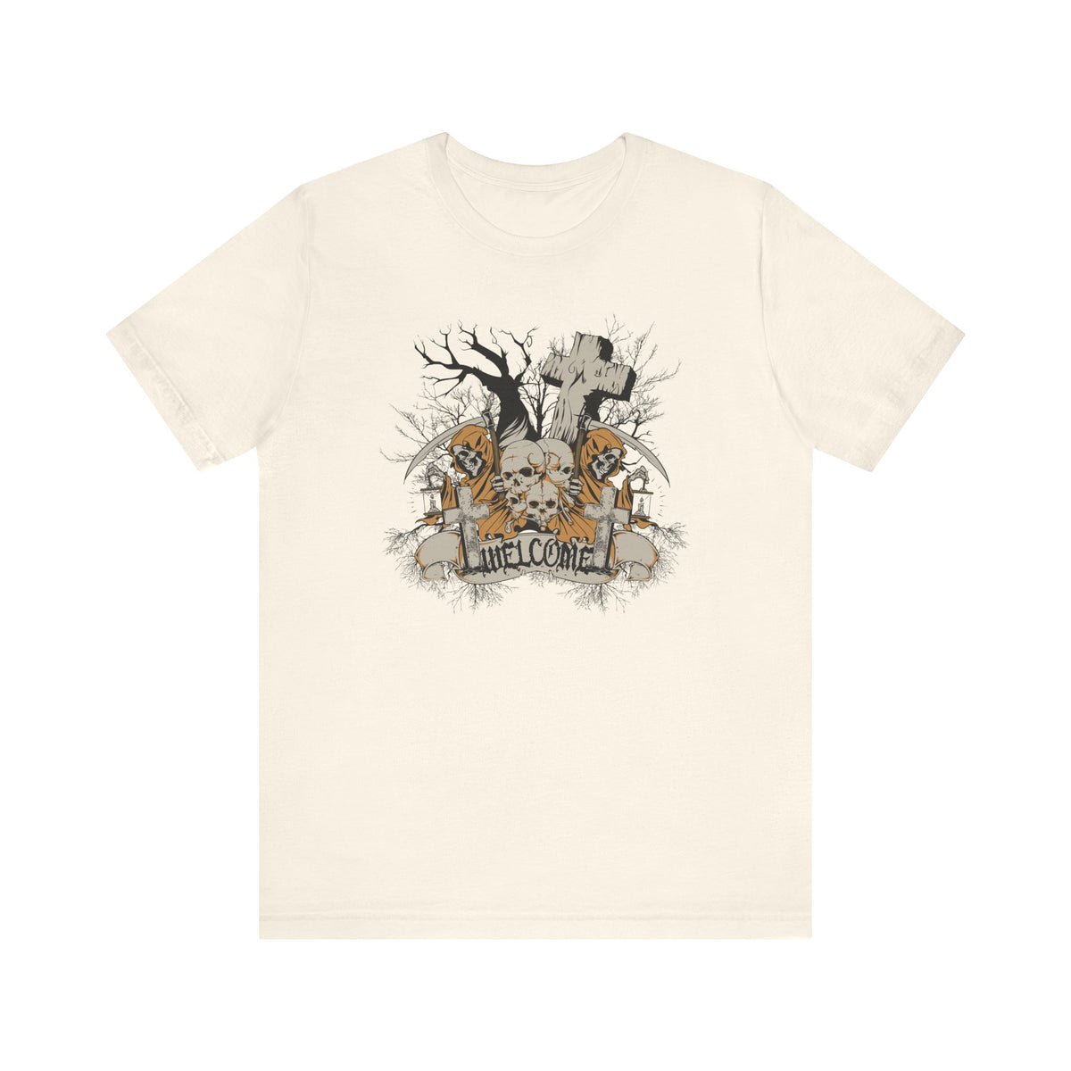 Skull Graveyard Welcome Tee Halloween Haunted Tree Cross Tombstone Unisex Cotton Art-50