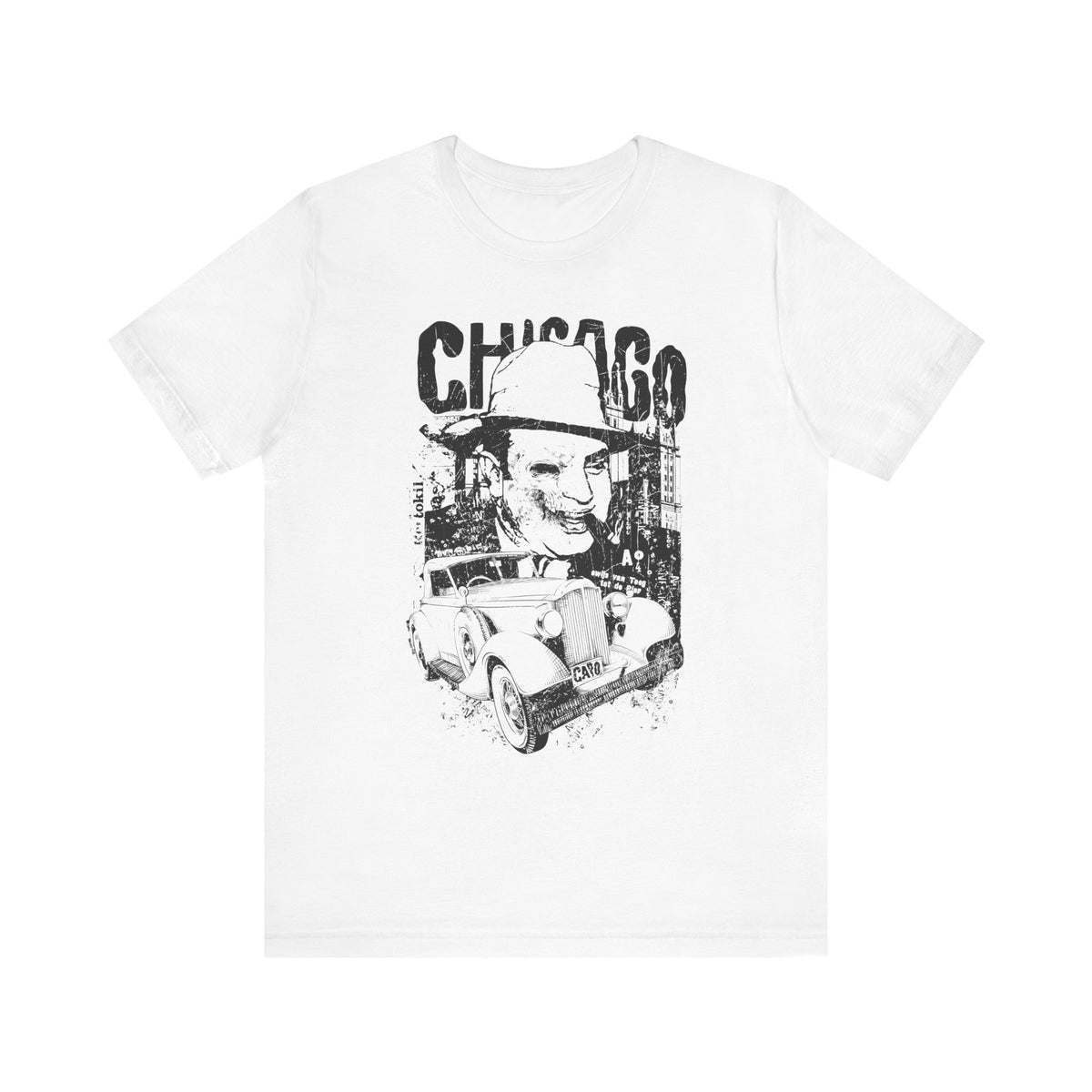 Chicago Retro Mobster Illustration Tee Vintage Car Cityscape Art Design Unisex Cotton T-Shirt A-8