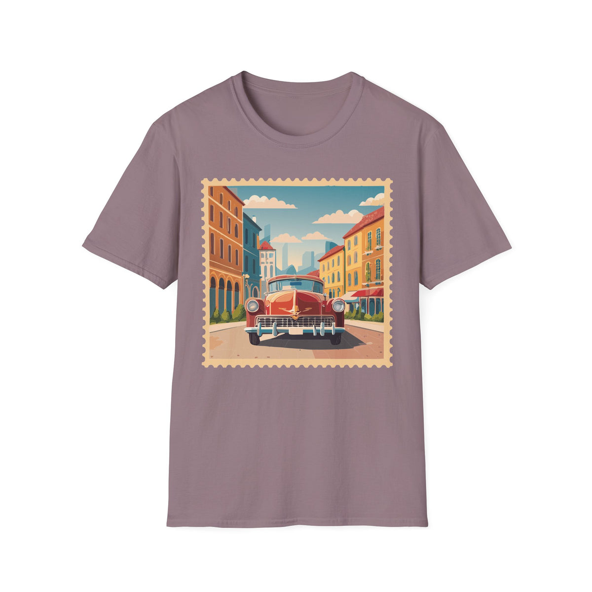 Vintage Cityscape Stamp T-Shirt | Retro Car Street Graphic Tee Unisex 100 Cotton Gildan T-Shirt