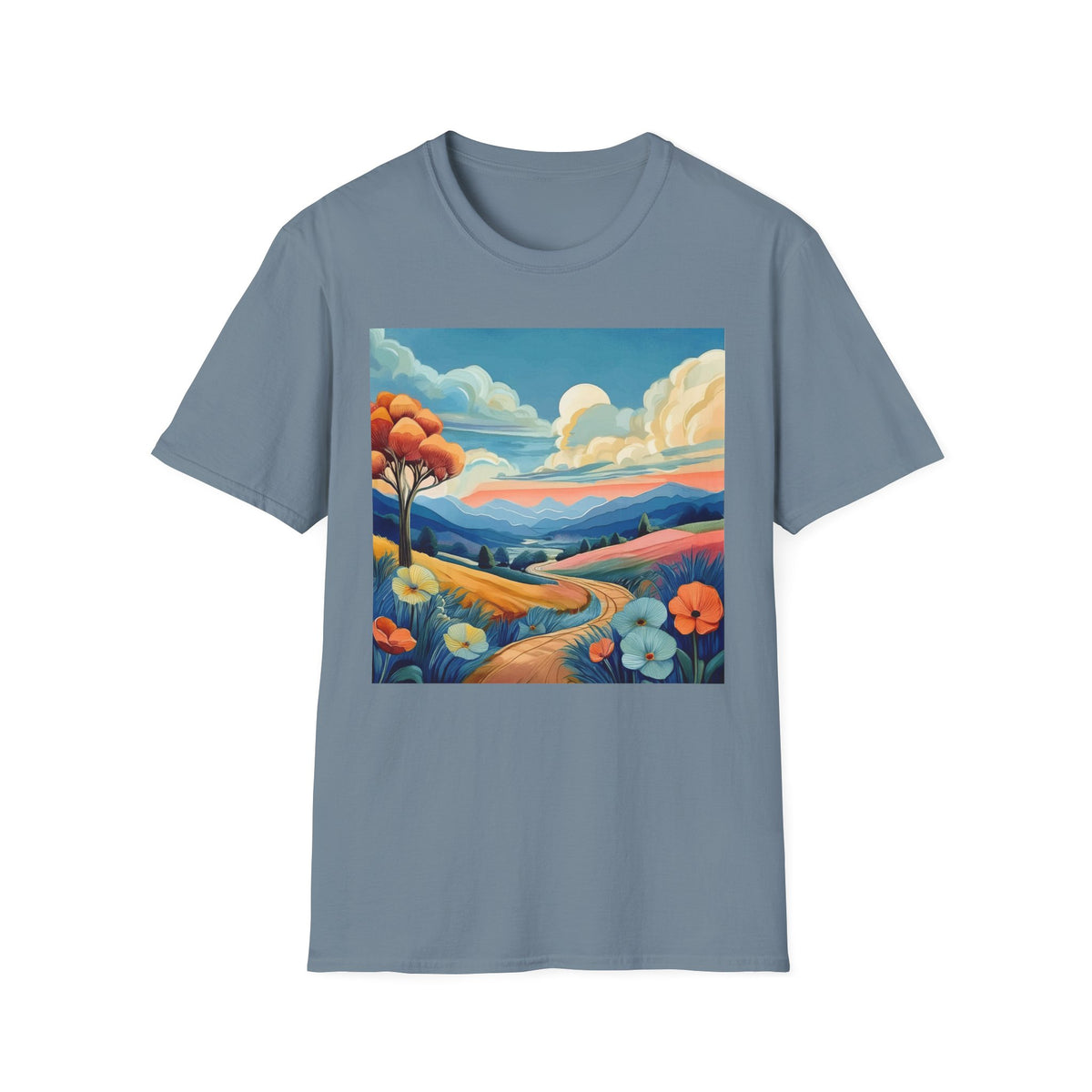 Colorful Mountain Landscape Graphic Posters, Post Stamps Design Unisex 100 Cotton Gildan T-Shirt