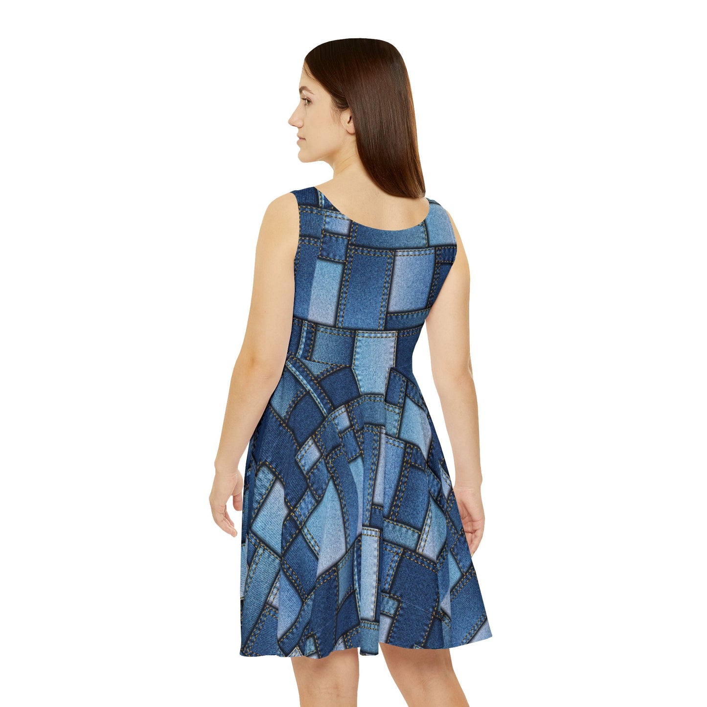 Women Denim Print Skater Dress, Denim Print Poly-Span Dress -1