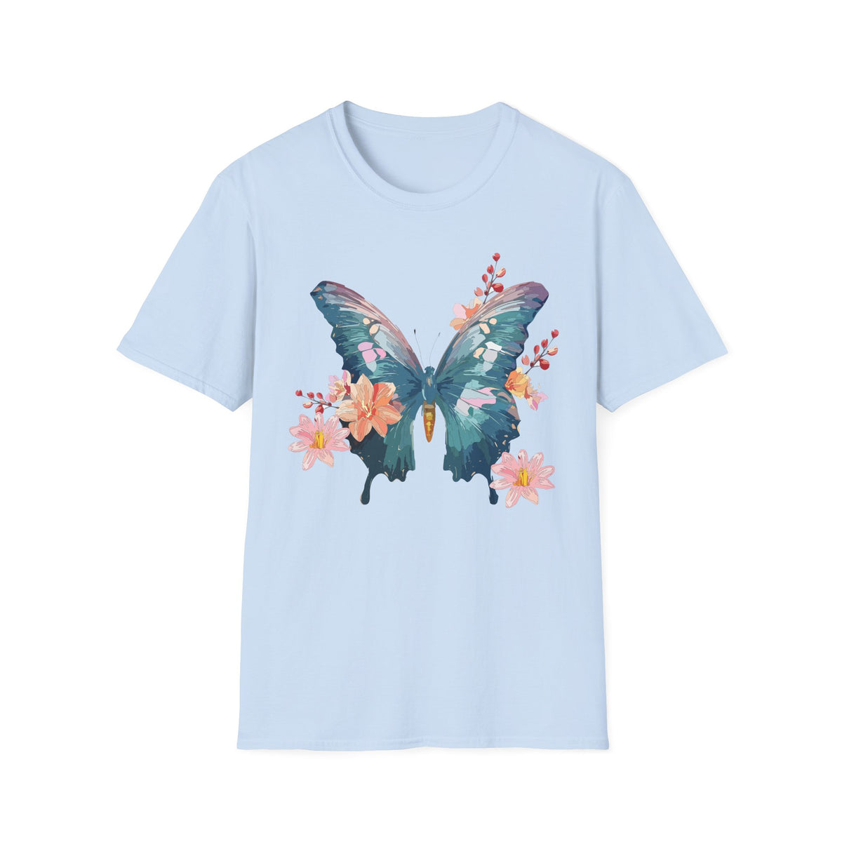 Watercolor Blue Butterfly T-Shirt | Floral Accent Graphic Tee Unisex 100 Cotton Gildan T-Shirt