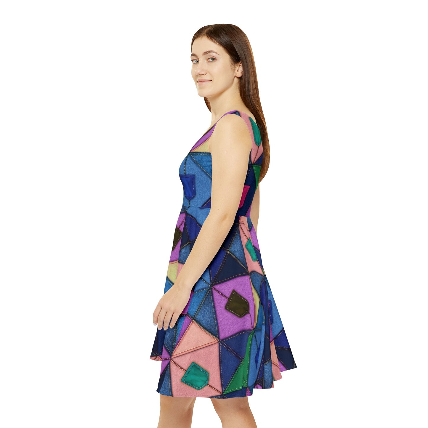 Women Denim Print Skater Dress, Denim Print Poly-Span Dress - 5