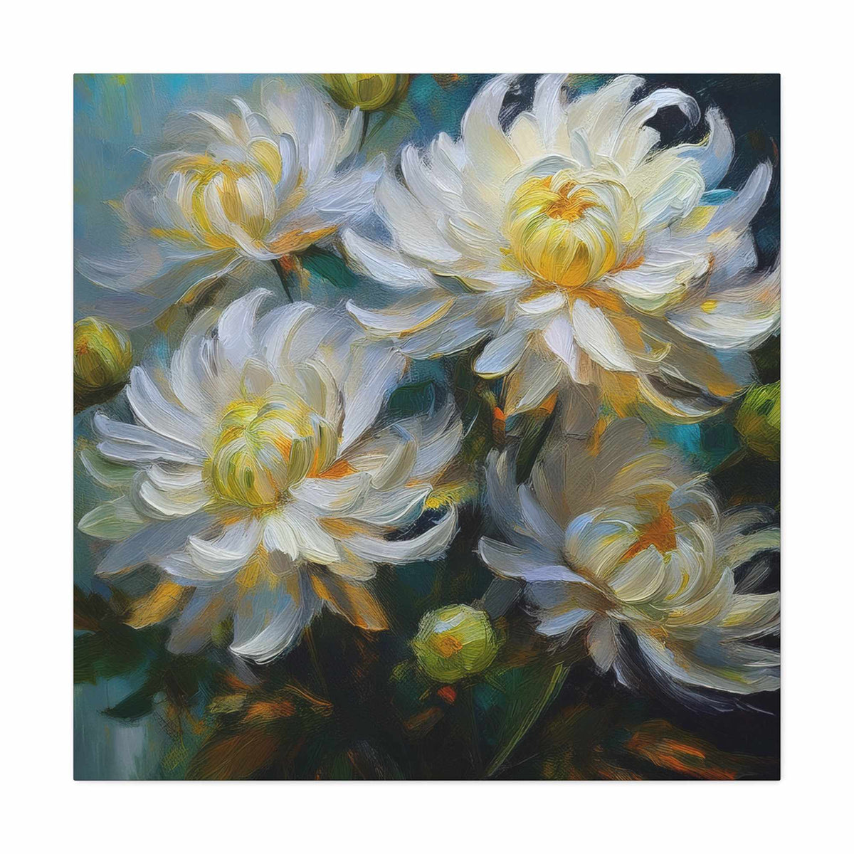 Chrysanthemums Print Canvas, Floral Oil Paint Print 20x20, 24x24, 30x30, 32x32, 36x36 Art Design Pine-Wood Inner Frame MC-159