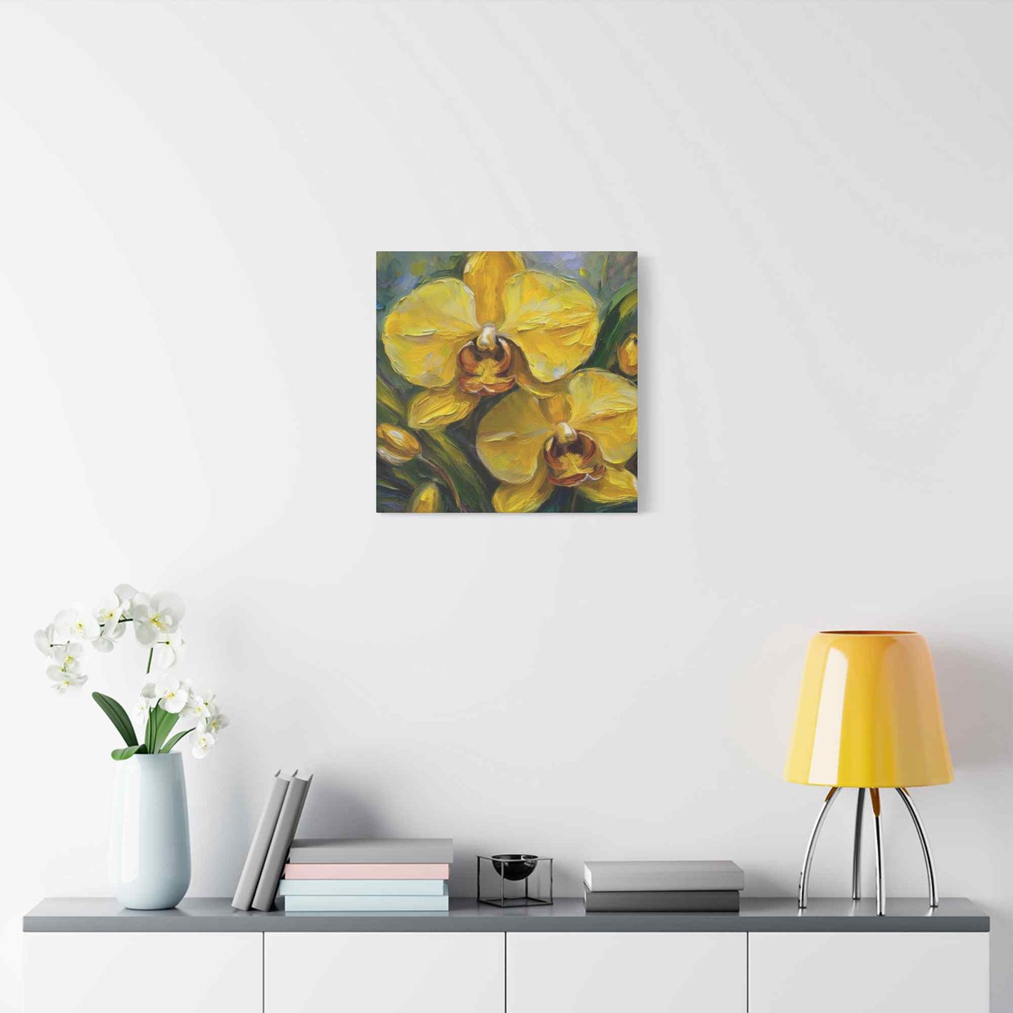 Yellow Orchids Print Canvas, Floral Oil Paint Print 20x20, 24x24, 30x30, 32x32, 36x36 Art Design Pine-Wood Inner Frame MC-140