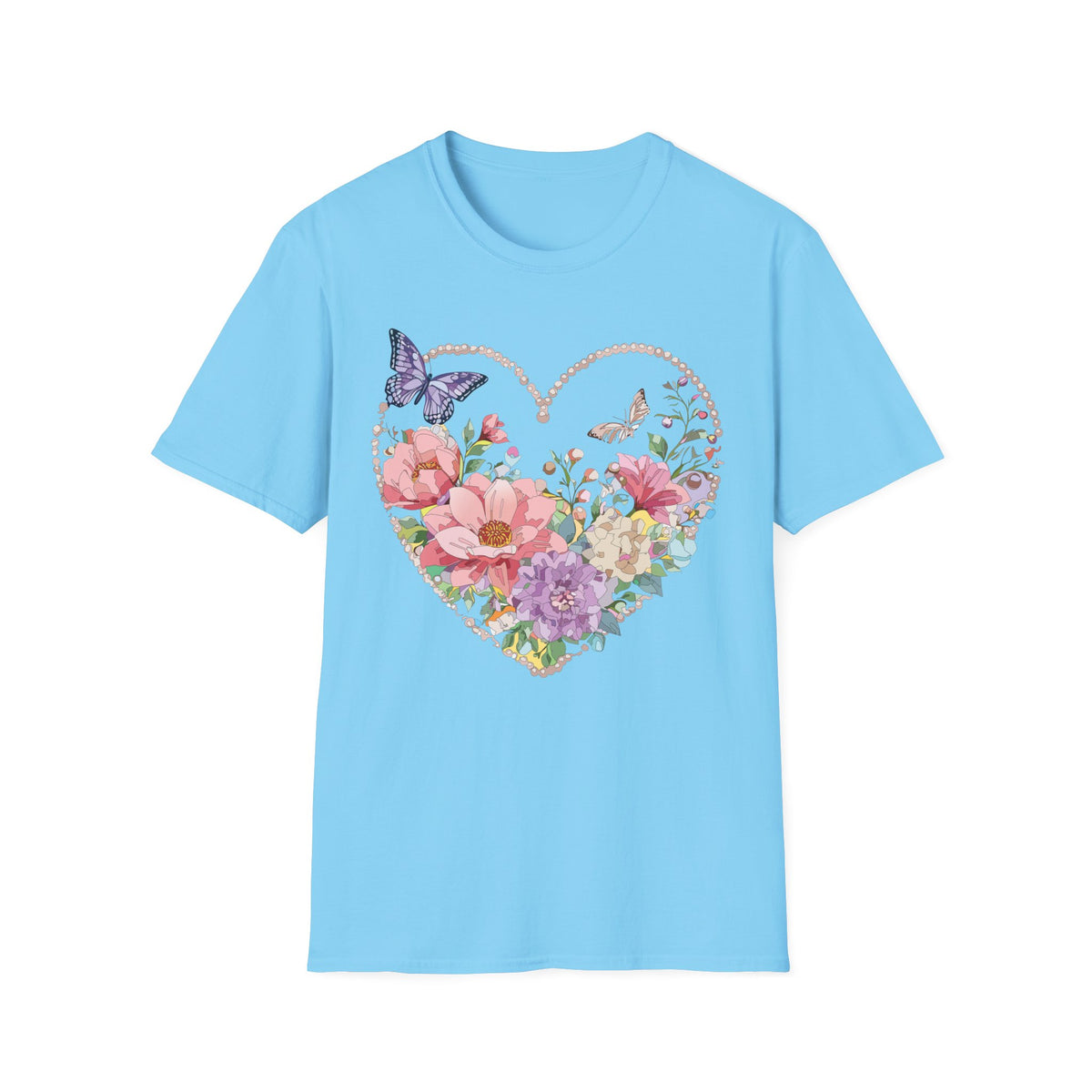 Floral Heart with Butterflies T-Shirt | Romantic Spring Garden Graphic Tee Unisex 100 Cotton Gildan T-Shirt