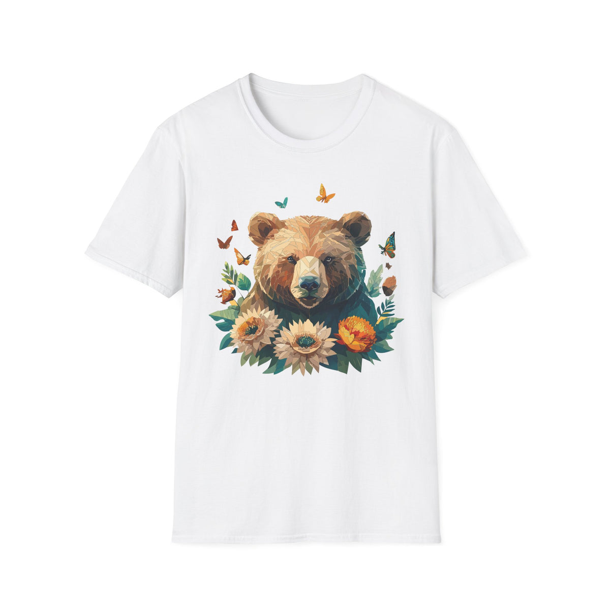 Floral Bear Illustration T-Shirt | Bear with Sunflowers and Butterflies