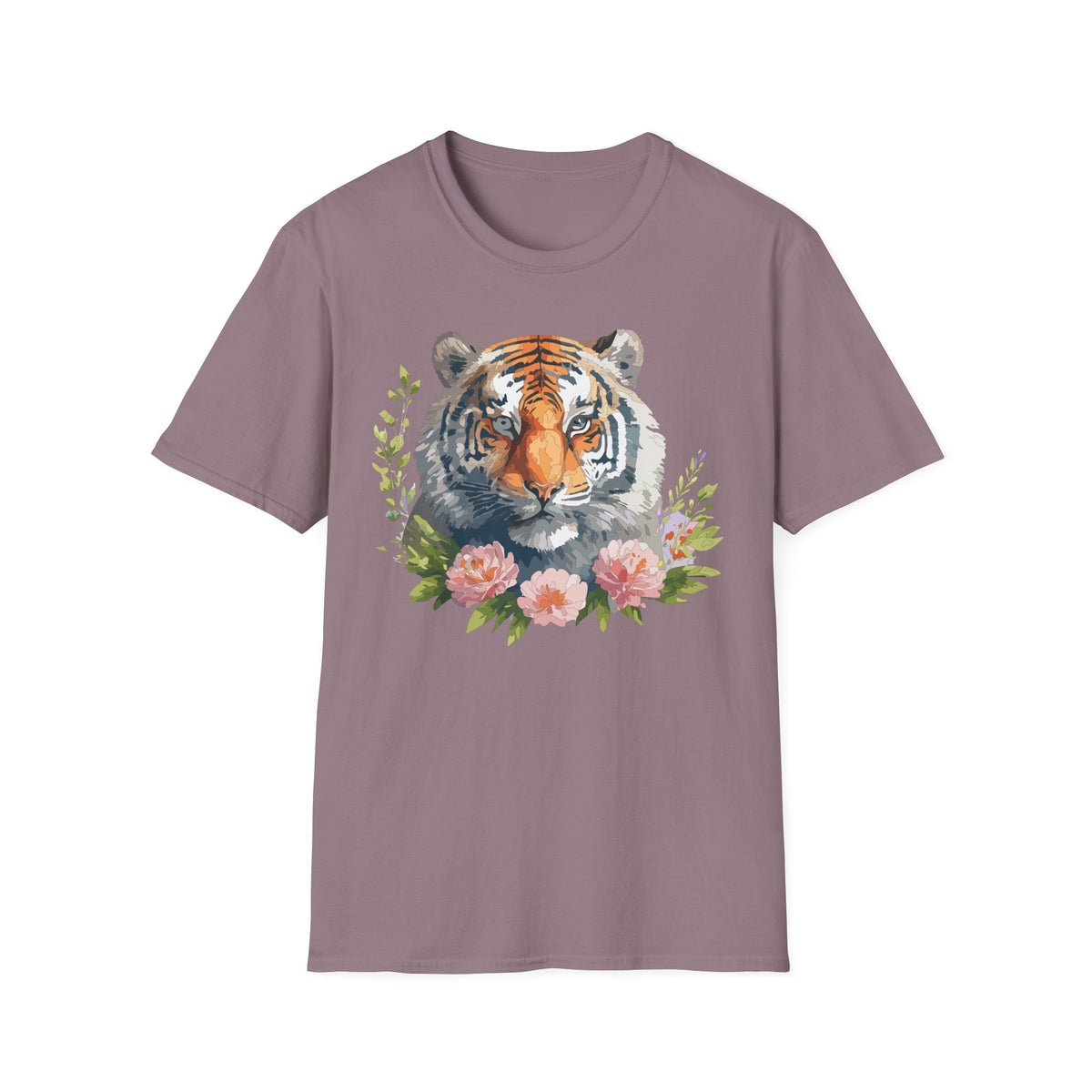 Watercolor Tiger Head T-Shirt | Floral Accents, Botanical Illustration