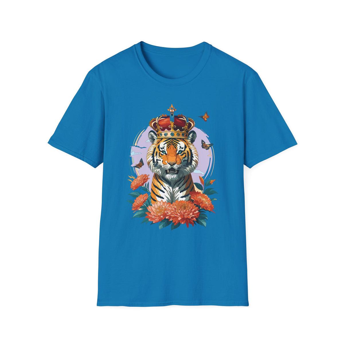 Tiger with Crown T-Shirt | Regal Tiger Artwork, Floral Accents - Unisex 100 Cotton Gildan 64000