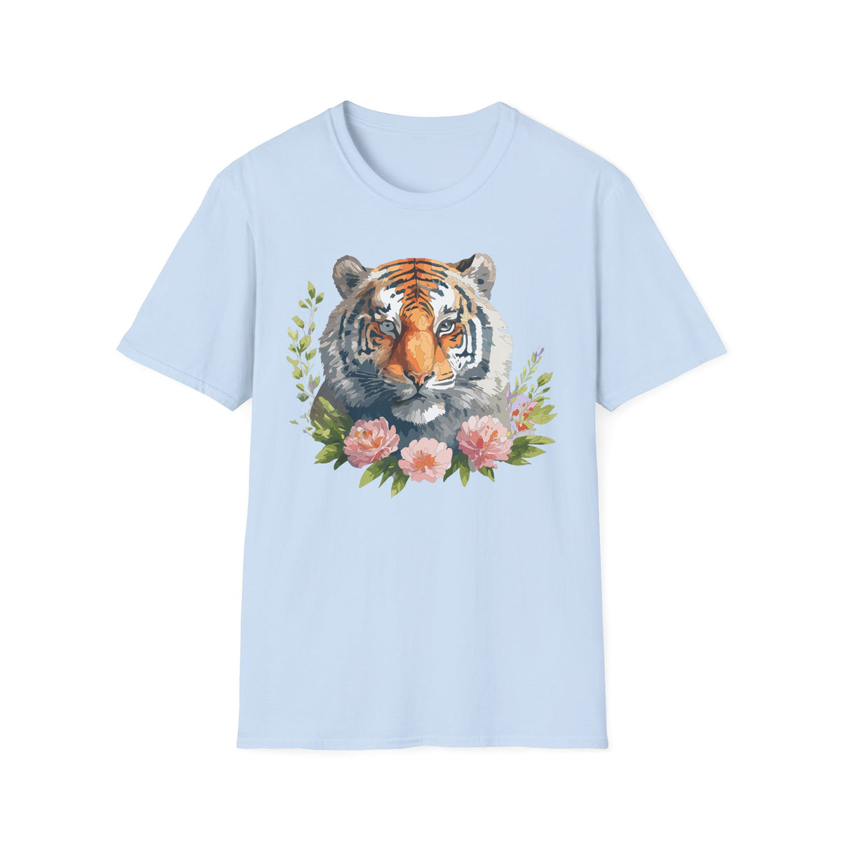 Watercolor Tiger Head T-Shirt | Floral Accents, Botanical Illustration